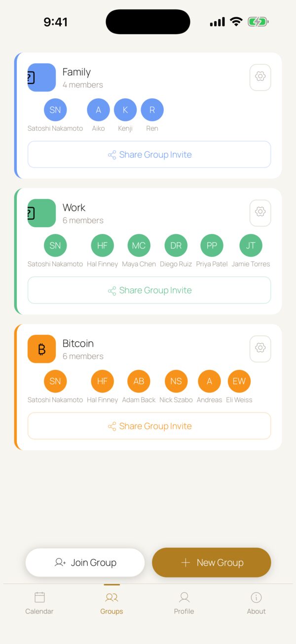 PearCal groups screen showing Family, Work and Bitcoin groups