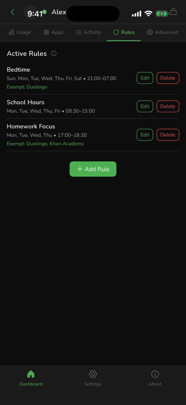 PearGuard rules screen listing Bedtime, School Hours and Homework Focus