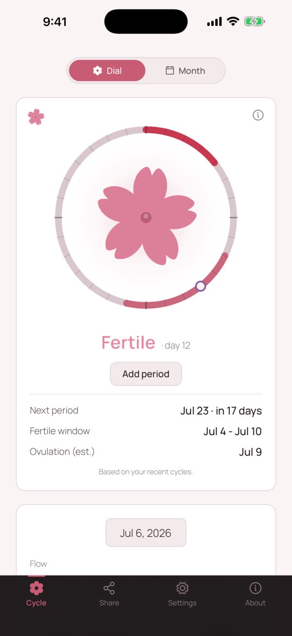 PearPetal cycle dial showing the fertile window