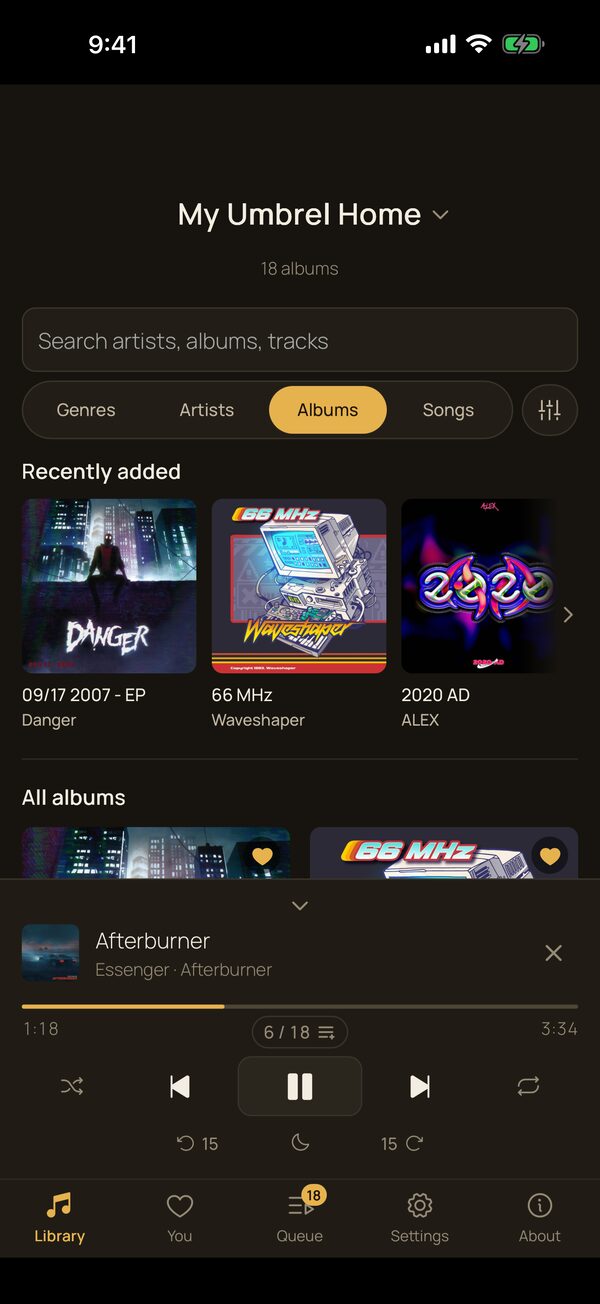 PearTune library with recently added albums and a track playing